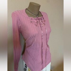 Y2k Vintage Rose Pink Longsleeve Top with Beading & Ribbon / Lace Detail